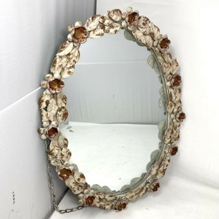 Vintage Oval Wall Mirror W/ Metal 3d Floral Frame 16” X 11” Shabby Cottage