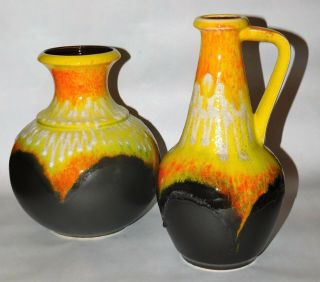 2x Bay Keramik Vasen Wgp 60er Jahre Fat Lava Vintage Gelb Schwarz Orange