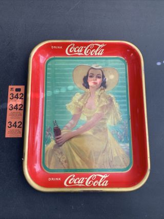 Vintage Coca - Cola Advertising Metal Serving Tray 1938 Girl In Yellow Dress