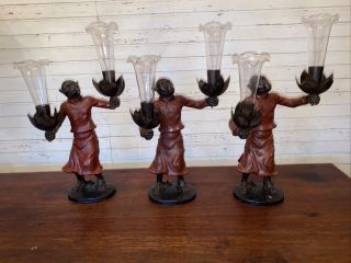 Set Of Vintage Monkey Chinese Candle Holders Brass Holders And Glass