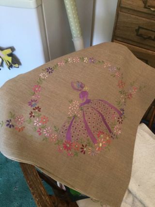 Vintage Hand Embroidered Cushion Cover - Crinoline Lady