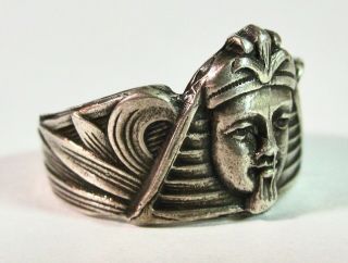 Vintage Sterling Silver Egyptian Revival Pharaoh Art Deco Design Ring Sz 5.  25