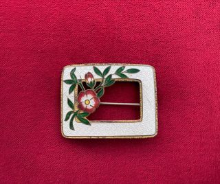 Antique Art Nouveau White Guilloche Enamel Sash Pin Brooch Red Cloisonné Flower