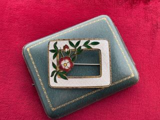 antique Art Nouveau white Guilloche Enamel Sash Pin Brooch red Cloisonné Flower 2