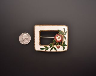 antique Art Nouveau white Guilloche Enamel Sash Pin Brooch red Cloisonné Flower 3