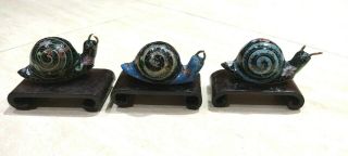 3 Vintage Chinese Cloisonné Figurine Snails Enamel Hand Painted Brass 3.  5 " X1.  18 "