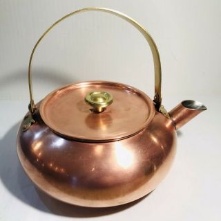 Vintage Large Copper Tea Kettle Pot With Brass Handle And Knob