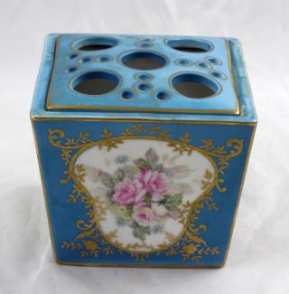 Vintage Pink Rose & Blue Porcelain Vase With Matching Flower Frog Insert