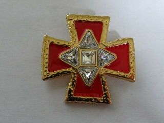 Very Fine Vintage St John Heavy Gold Tone Red Enamel Maltese Cross Pin Brooch