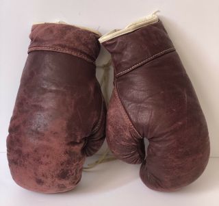 Vintage Boxing Gloves Leather Oxblood Lace Up Distressed Man Cave Mid - Century
