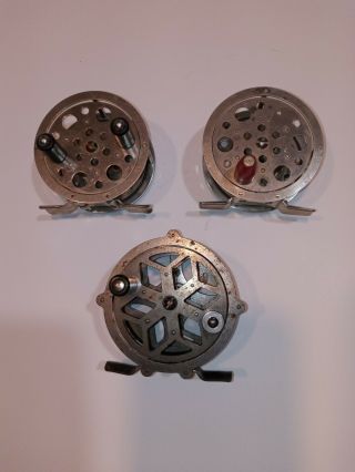 Trio Of 3 Vintage Classic Antique Skeleton Fly Fishing Reels - Made In Usa