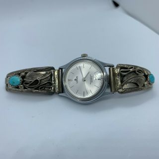 Ladies Vintage Southwest Sterling Silver & Turquoise Watch Band - Marked T