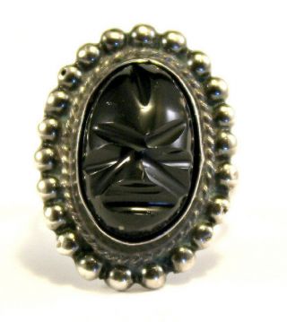 Vintage Mexico Sterling Silver 925 Black Onyx Face Mask Size 5 Ring 4.  5 Grams