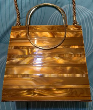 Vintage Lucite Plastic Gold Tone Purse Handbag W Braided Shoulder Strap