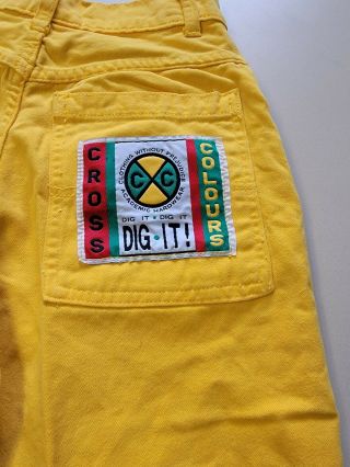 Vintage Cross Colours Youth Sz 7/8 Yellow Long Denim Jean Shorts Usa Hip Hop