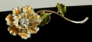 Fine Vintage Signed Coro Enameled Carnation Flower Pin Rhinestone Center Large