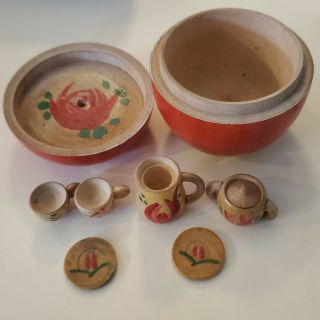Vintage Hand Painted Wooden Apple & Miniature Tea Set Japan