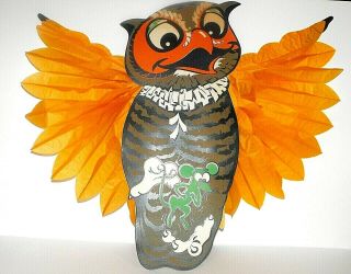 Antique Vintage Halloween Large Die Cut Owl With Green Mouse W/big Wings