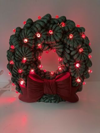 Vintage Christmas Ceramic Lighted Wreath With Red Bow Atlantic Molds 2 Bulb Euc