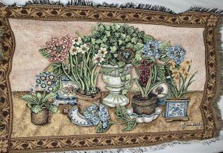 Vtg Goodwin Weavers Woven Tapestry Throw Blanket 66x44 Susan Welsh Floral Plants