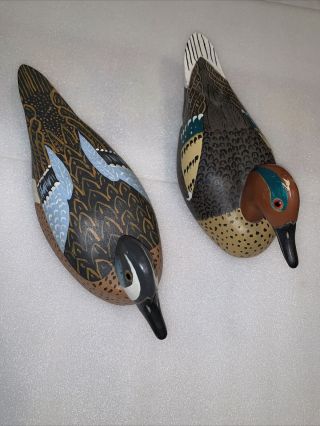 2 Vintage Wooden Duck Decoy Blue & Green Winged Teal.  Hand Painted