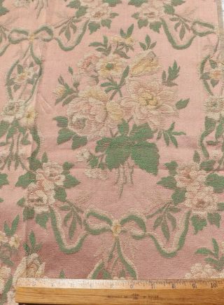 Pale Peach Antique French Silky Satin Tapestry Roses & Ribbons Home Fabric C1920