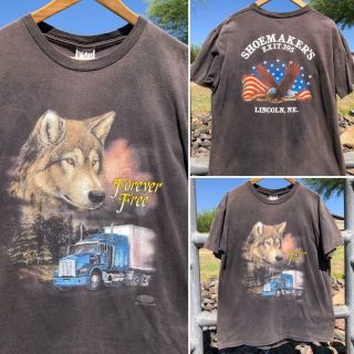 Vtg 90s Cmj Truckers Only Wolf Graphic Double Sided Single Stitch T Shirt L