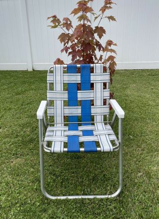 Vintage Sunbeam Aluminum Chair Folding Lawn Patio Webbing Blue & White Retro Euc