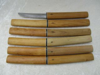 Vintage Set Of 6 Japanese Steak Knives With Bamboo Handles And Sheaths