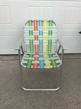 Vintage Multicolor Aluminum Webbed Folding Lawn Chair Camping Retro Patio Vgc