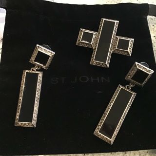 Vintage St.  John Brooch & Earrings Set Black Enamel & Rhinestones