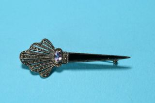 Vintage Art Deco Amethyst Onyx Marcasite Sterling Silver Pin/brooch 3 " - - 2245
