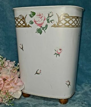 Vintage Decoware Metal Wastebasket Trash Can Usa White Gold Pink Roses Wood Feet