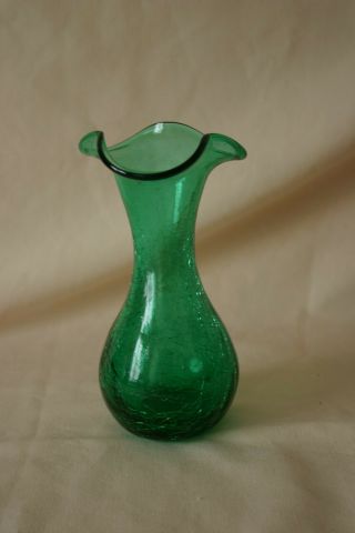 Vintage Blenko Crackle Handblown Deep Green 7 " Vase J - 713
