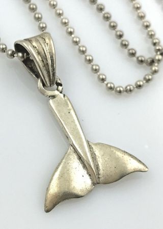 Vintage.  925 Sterling Silver,  Whale Tail Pendant & Bead Chain Necklace,  18 "