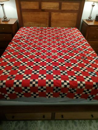 Vintage " America " Quilt Top Multi - Color 9 Patch 86 " X76 " Red White & Blue Usa