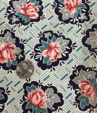 Vintage Feedsack Fabric Turquoise Red Grey Floral Pink Roses 2