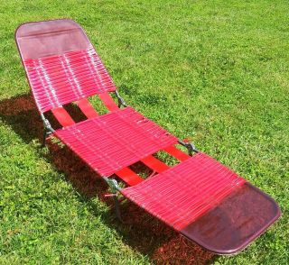 Vintage Aluminum Lawn Lounge Pool Beach Chaise Patio Red Vinyl Adjustable