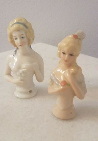 Set Of 2 Vintage Half Dolls For Pin Cushion Porcelain Blonde Hair Ribbons
