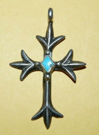 Vtg Old Pawn Native Navajo Sandcast Sterling Silver Turquoise " Cross " Pendant