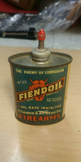 Vintage Advertising Fiendoil Firearms Gun Lead Top Oiler Gun Oil Auto Tin Can