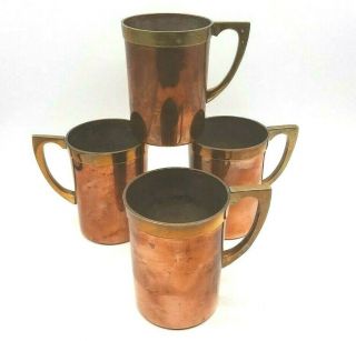 Set Of 4 Vintage Copper And Brass Silver Plate Stein Mugs Tankards 12 Oz