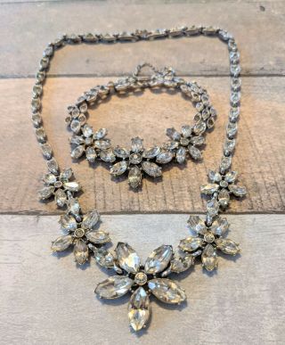 Vintage Clear Rhinestone Flower Demi Parure Necklace Bracelet Set