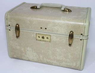 Vintage Samsonite Streamlite Makeup Train Case Suitcase Marble Tan