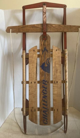 36 " Challenger Vintage Mid Century Wooden Sled Red Metal And Wood Sleigh