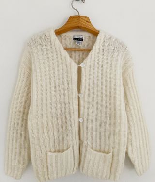 Vintage Express Tricot Women Mohair Bl.  Cardigan Sweater Ivory Button Front