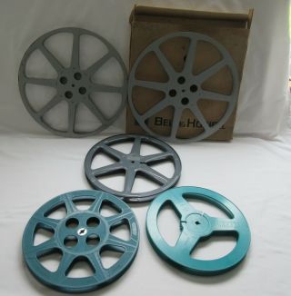 5 Vintage Empty Movie Film Projection Reels Incl Boxed Bell & Howell 16mm 1600ft