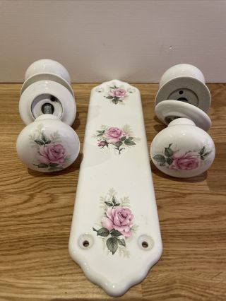2 Pairs (4) Vintage Porcelain Door Knobs/handle Finger Plate White Pink Floral
