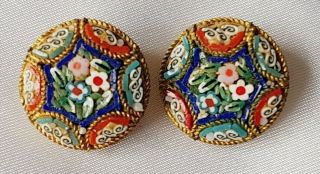 Earrings Micro Mosaic Glass Flowers Round Clip - On Vintage/antique