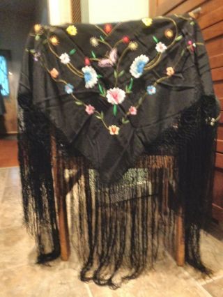Vintage Black Silk Piano Scarf,  With Multi - Color Embroidered Flowers & Butterfly